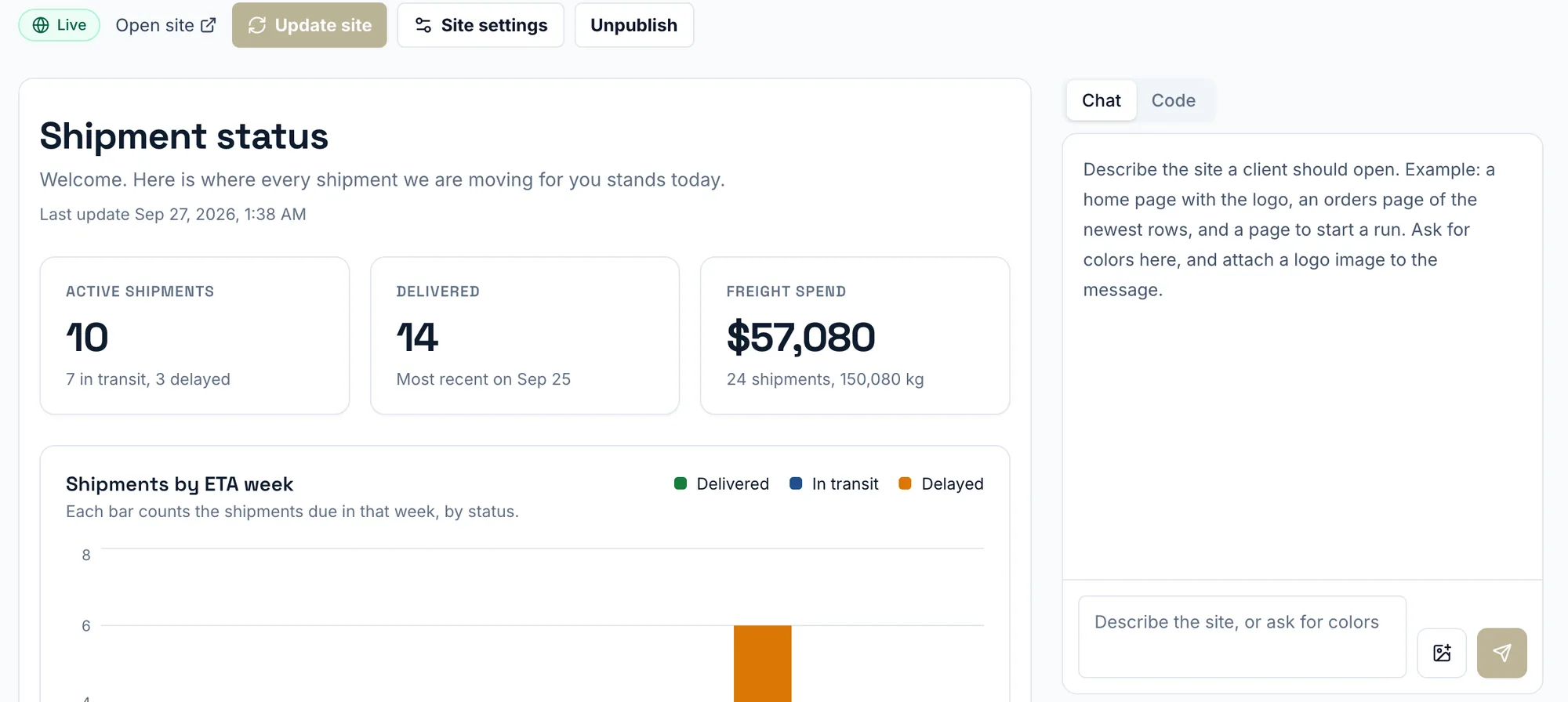 The dashboard editor. Across the top are Live, Open site, Update site, Site settings and Unpublish. The preview of the Acme Freight Overview page fills the left side, and the Chat tab with its message box is on the right.