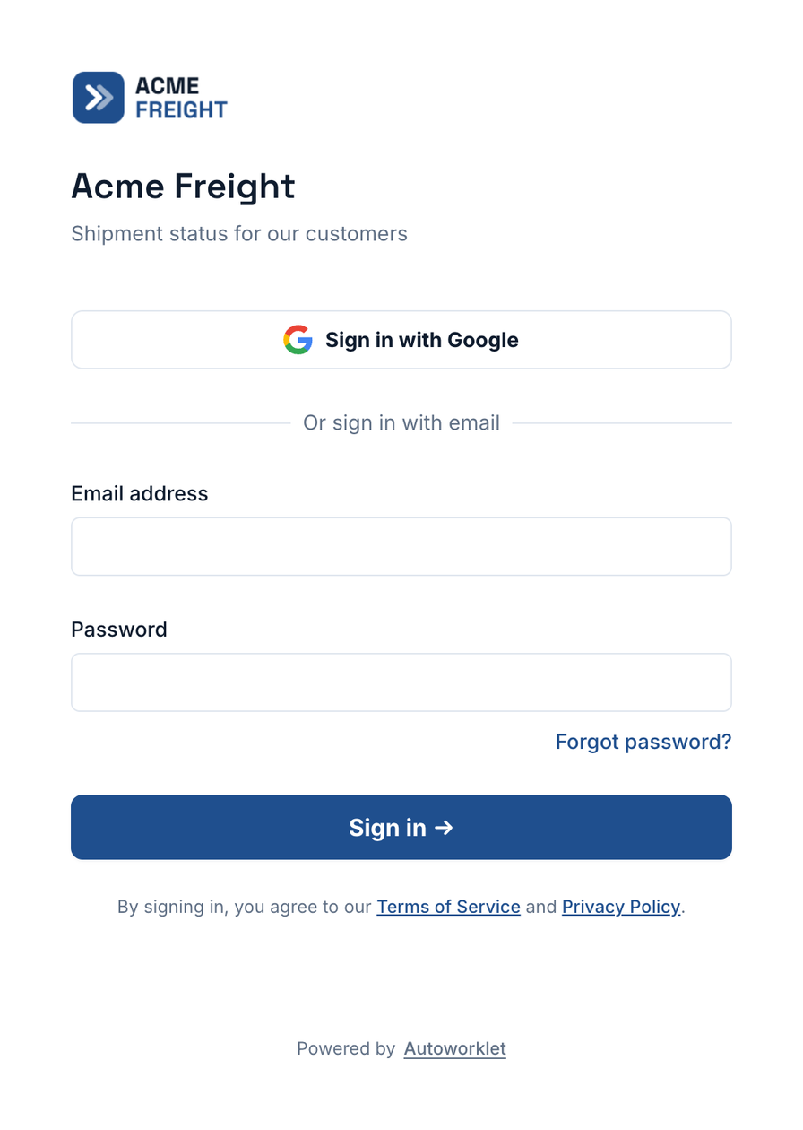 The Acme Freight site's own sign-in page. It shows the Acme Freight logo and tagline, a Sign in with Google button, email and password fields, and a blue Sign in button in the site's brand color.